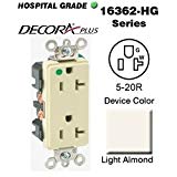 Leviton 16362-HGT Decora Duplex Receptacle Hospital Grade 5-20R 20A 125V B&S Wired - Light Almond (Pkg of 3) Leviton 16362-HGT Decora Duplex Receptacle Hospital Grade 5-20R 20A 125V B&S Wired - Light Almond (Pkg of 3)