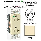 Leviton 16362-HGI Decora Duplex Receptacle Hospital Grade 5-20R 20A 125V B&S Wired - Ivory (Pkg of 3) Leviton 16362-HGI Decora Duplex Receptacle Hospital Grade 5-20R 20A 125V B&S Wired - Ivory (Pkg of 3)